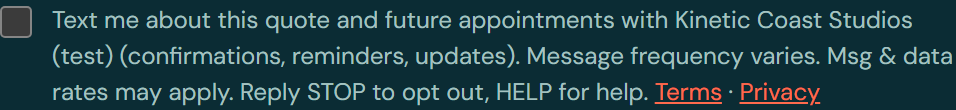 The text-message consent checkbox and its wording, unchecked