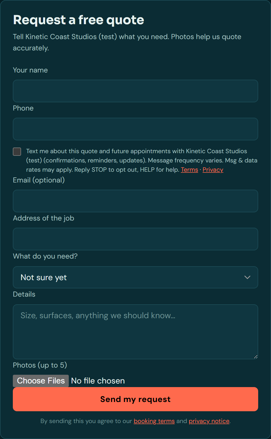 Request a free quote form for Kinetic Coast Studios (test), with the unchecked text-message consent checkbox below the phone field