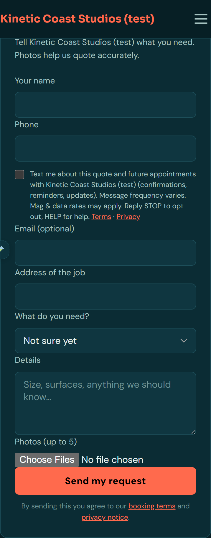 The same quote form and checkbox on a phone